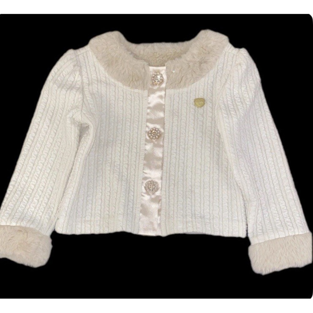 Le Chic Cardigan Kids Size 2 Cream Faux Fur‎ Trim Cable Knit Pearl Button